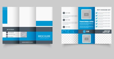 Mavi Geometrik üç katlı iş broşürü. İş için ideal, dijital pazarlama, danışmanlık ve kurumsal markalaşma. Yazdırılabilir şablon.