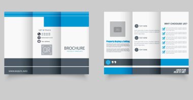 Mavi Geometrik üç katlı iş broşürü. İş için ideal, dijital pazarlama, danışmanlık ve kurumsal markalaşma. Yazdırılabilir şablon.