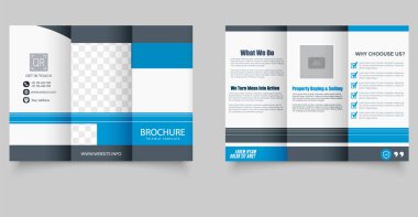 Mavi Geometrik üç katlı iş broşürü. İş için ideal, dijital pazarlama, danışmanlık ve kurumsal markalaşma. Yazdırılabilir şablon.