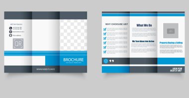 Mavi Geometrik üç katlı iş broşürü. İş için ideal, dijital pazarlama, danışmanlık ve kurumsal markalaşma. Yazdırılabilir şablon.