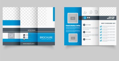 Mavi Geometrik üç katlı iş broşürü. İş için ideal, dijital pazarlama, danışmanlık ve kurumsal markalaşma. Yazdırılabilir şablon.