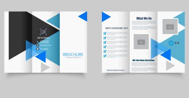 Modern Business Trifold Broşür Tasarım Şablonu. Modern geometrik şekiller, düzenlenebilir yer tutucular ve temas simgeleriyle profesyonel şirket broşürü. İş sunumları ve şirket profilleri için mükemmel.
