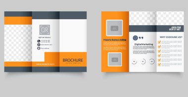 Turuncu Geometrik üç katlı iş broşürü. İş için ideal, dijital pazarlama, danışmanlık ve kurumsal markalaşma. Yazdırılabilir şablon.