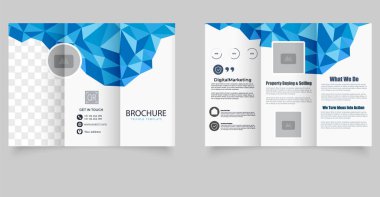 Geometrik Çokgen İş Broşürü Mavi Alçak Üçlü Çizim Tasarımı. Tamamen düzenlenebilir ve yazdırma ya da web kullanımına hazır.