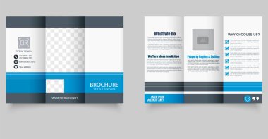 Mavi Geometrik üç katlı iş broşürü. İş için ideal, dijital pazarlama, danışmanlık ve kurumsal markalaşma. Yazdırılabilir şablon.