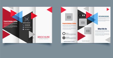 Şirket Üçlü Broşür Şablonu. Modern geometrik düzeni mavi tonlarda olan profesyonel üç katlı broşür. Şirket pazarlaması, iş hizmetleri ve tanıtım materyalleri için ideal