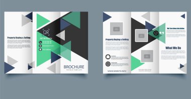 Modern Trifold Broşürü. Darphane, siyah ve deniz renklerinde soyut geometrik tasarımı olan yaratıcı üç katlı broşür. Mülkiyet, dijital pazarlama ve iş sunumları için ideal.