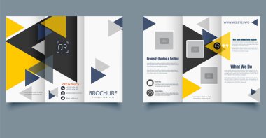 Modern Trifold Broşürü. Darphane, siyah ve deniz renklerinde soyut geometrik tasarımı olan yaratıcı üç katlı broşür. Mülkiyet, dijital pazarlama ve iş sunumları için ideal.