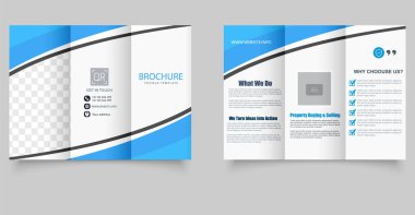 Üç katlı dalga broşürü. Mavi ve beyaz broşür. Tasarım ve baskı için. Tamamen düzenlenebilir ve yazdırılabilir.