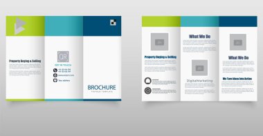Geometrik şekiller, iletişim bilgileri ve hizmet vurgularının yer aldığı gayrimenkul veya mülklerle ilgili işletmeler için tasarlanmış profesyonel ve renkli üç katlı broşür. Modern Gayrimenkul Üç Katlı
