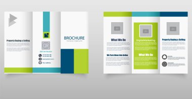 Geometrik şekiller, iletişim bilgileri ve hizmet vurgularının yer aldığı gayrimenkul veya mülklerle ilgili işletmeler için tasarlanmış profesyonel ve renkli üç katlı broşür. Modern Gayrimenkul Üç Katlı