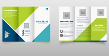 Geometrik şekiller, iletişim bilgileri ve hizmet vurgularının yer aldığı gayrimenkul veya mülklerle ilgili işletmeler için tasarlanmış profesyonel ve renkli üç katlı broşür. Modern Gayrimenkul Üç Katlı