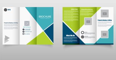 Geometrik şekiller, iletişim bilgileri ve hizmet vurgularının yer aldığı gayrimenkul veya mülklerle ilgili işletmeler için tasarlanmış profesyonel ve renkli üç katlı broşür. Modern Gayrimenkul Üç Katlı