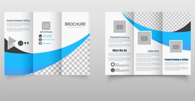 Mavi Dalga Tasarımlı Kurumsal Üçlü Broşür. Pazarlama ve kurumsal kullanım için ideal. Vektör