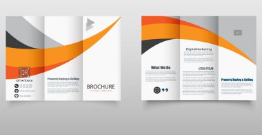 Turuncu ve gri dalga dizaynlı modern üç katlı broşür, pazarlama, mülkiyet ve iş sunumları için ideal.