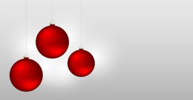 Kırmızılar Minimal Gri Arkaplanda Sallanıyor. İplerde asılı üç kırmızı Noel süsüsüyle minimalist tatil illüstrasyonu