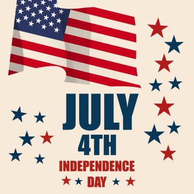 Amerikan Bayrağı ve Yıldızlarıyla 4 Temmuz Vatansever Posteri. Vektör illüstrasyonu 4 Temmuz 'u stilize edilmiş Amerikan bayrağı, kırmızı ve mavi yıldızlarla kutluyor.