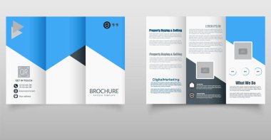 Modern Mavi Şirket Üçlü Broşür Şablonu. Geometrik yerleşim planı ve yer tutucu metin içeren temiz ve profesyonel mavi üç katlı broşür, iş, pazarlama ve gayrimenkul kullanımı için ideal.