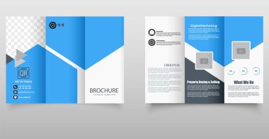Modern Mavi Şirket Üçlü Broşür Şablonu. Geometrik yerleşim planı ve yer tutucu metin içeren temiz ve profesyonel mavi üç katlı broşür, iş, pazarlama ve gayrimenkul kullanımı için ideal.