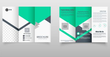 Modern yeşil şirket üçlü broşür şürü. Geometrik yerleşim planı ve yer tutucu metin içeren temiz ve profesyonel mavi üç katlı broşür, iş, pazarlama ve gayrimenkul kullanımı için ideal.