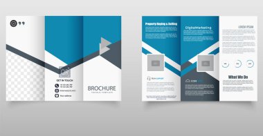 Modern Mavi Şirket Üçlü Broşür Şablonu. Geometrik yerleşim planı ve yer tutucu metin içeren temiz ve profesyonel mavi üç katlı broşür, iş, pazarlama ve gayrimenkul kullanımı için ideal.