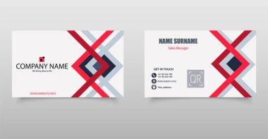 Beyaz arka planda dinamik kırmızı, donanma ve gri geometrik şekiller içeren profesyonel kartvizit düzeni. Şirket markalaşması, kişisel kimlik ya da satış uzmanları için uygundur.