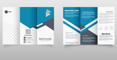 Modern Mavi Şirket Üçlü Broşür Şablonu. Geometrik yerleşim planı ve yer tutucu metin içeren temiz ve profesyonel mavi üç katlı broşür, iş, pazarlama ve gayrimenkul kullanımı için ideal.