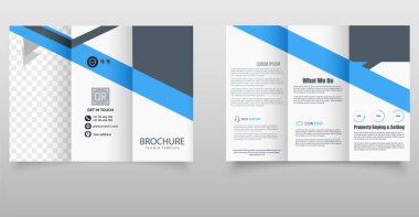 Şirket Üçlü Broşür Şablonu. Mavi aksanlı temiz ve profesyonel üç katlı broşür tasarımı, kurumsal, gayrimenkul veya iş pazarlama amaçları için ideal