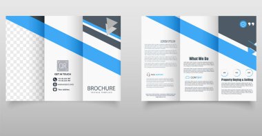 Şirket Üçlü Broşür Şablonu. Mavi aksanlı temiz ve profesyonel üç katlı broşür tasarımı, kurumsal, gayrimenkul veya iş pazarlama amaçları için ideal