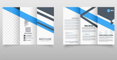 Şirket Üçlü Broşür Şablonu. Mavi aksanlı temiz ve profesyonel üç katlı broşür tasarımı, kurumsal, gayrimenkul veya iş pazarlama amaçları için ideal
