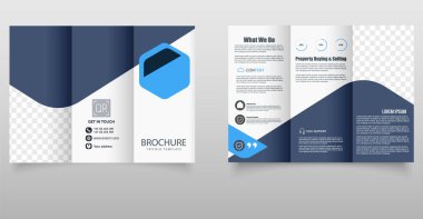 Şirket Üçlü Broşür Şablonu. Mavi aksanlı temiz ve profesyonel üç katlı broşür tasarımı, kurumsal, gayrimenkul veya iş pazarlama amaçları için ideal