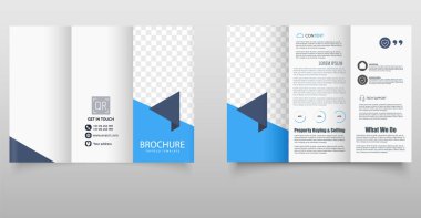 Şirket Üçlü Broşür Şablonu. Mavi aksanlı temiz ve profesyonel üç katlı broşür tasarımı, kurumsal, gayrimenkul veya iş pazarlama amaçları için ideal