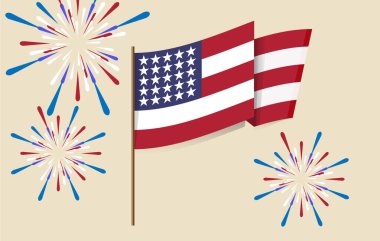 4 Temmuz 'da. Bağımsızlık Günü kutlamaları için havai fişekli Amerikan Bayrağı, 4 Temmuz vatanseverlik teması için mükemmel. Düzenlenebilir dosya