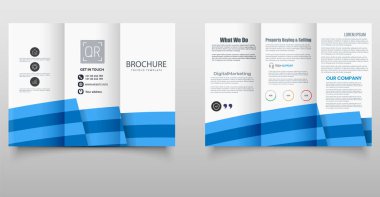 Profesyonel iş kullanımı, kurumsal kimlik ve pazarlama kampanyaları için tasarlanmış katmanlı mavi geometrik dalgalar içeren zarif üç katlı broşür.