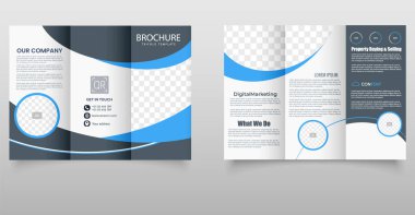 Şirket Mavi ve Mavi Üçlü Broşür İş Tanıtımı Şablonu. Geometrik tasarım unsurları ile modern kırmızı ve mavi üç katlı broşür, iş reklamcılığı ve pazarlama için mükemmel..