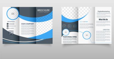Şirket Mavi ve Mavi Üçlü Broşür İş Tanıtımı Şablonu. Geometrik tasarım unsurları ile modern kırmızı ve mavi üç katlı broşür, iş reklamcılığı ve pazarlama için mükemmel..