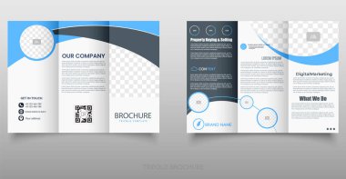 Modern Kurumsal Üçlü Broşür Şablonu, iş sunumları, pazarlama ve emlak hizmetleri için uygun. Resimler ve metin için yer tutucular ile tam düzenlenebilir düzen.