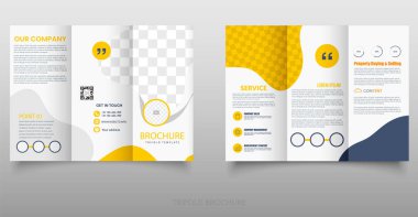 Modern Kurumsal Broşür Şablonu Tasarımı. Sarı ve lacivert aksanlı temiz ve modern üç katlı broşür. Şirket, iş, gayrimenkul ve hizmet promosyonları için ideal.