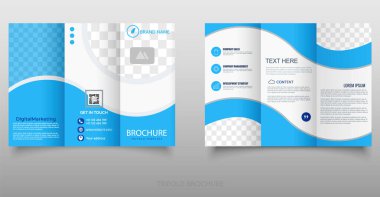 Modern Mavi Üçlü Broşür Dijital Pazarlama Şablonu. Kurumsal pazarlama, dijital hizmetler veya iş sunumu için ideal.