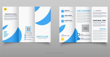 Mavi Aksanlı Kurumsal Üçlü Broşür Tasarım Şablonu, iş, pazarlama veya kurumsal sunumlar için ideal.