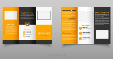 Modern Business Trifold Broşürü Temiz ve üç katlı broşür beyaz, turuncu ve siyah renkli, kurumsal, gayrimenkul veya ajans promosyonları için mükemmel.