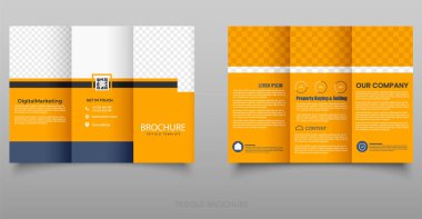 Modern Business Trifold Broşürü Temiz ve üç katlı broşür beyaz, turuncu ve siyah renkli, kurumsal, gayrimenkul veya ajans promosyonları için mükemmel.