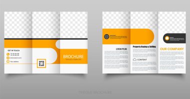 Modern Business Trifold Broşürü Temiz ve üç katlı broşür beyaz, turuncu ve siyah renkli, kurumsal, gayrimenkul veya ajans promosyonları için mükemmel.