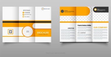 Modern Business Trifold Broşürü Temiz ve üç katlı broşür beyaz, turuncu ve siyah renkli, kurumsal, gayrimenkul veya ajans promosyonları için mükemmel.