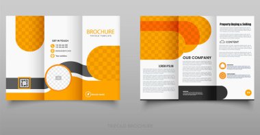 Modern Business Trifold Broşürü Temiz ve üç katlı broşür beyaz, turuncu ve siyah renkli, kurumsal, gayrimenkul veya ajans promosyonları için mükemmel.
