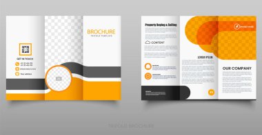 Modern Business Trifold Broşürü Temiz ve üç katlı broşür beyaz, turuncu ve siyah renkli, kurumsal, gayrimenkul veya ajans promosyonları için mükemmel.