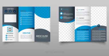 Blue Corporate Trifold Broşür Şablonu. Modern üç katlı broşür tasarımı mavi ve gri tonlarda, iş, teknoloji veya şirket sunumları için ideal, temiz yerleşim planı ve düzenlenebilir yer tutucuları ile.