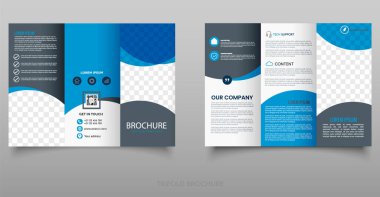 Blue Corporate Trifold Broşür Şablonu. Modern üç katlı broşür tasarımı mavi ve gri tonlarda, iş, teknoloji veya şirket sunumları için ideal, temiz yerleşim planı ve düzenlenebilir yer tutucuları ile.