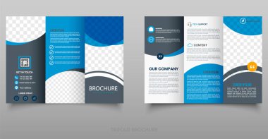 Blue Corporate Trifold Broşür Şablonu. Modern üç katlı broşür tasarımı mavi ve gri tonlarda, iş, teknoloji veya şirket sunumları için ideal, temiz yerleşim planı ve düzenlenebilir yer tutucuları ile.