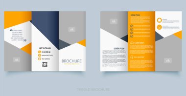 Turuncu, mavi ve gri renklerin yer aldığı üç katlı modern bir broşür. İş sunumu, teknik servis veya pazarlama materyalleri için mükemmel